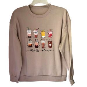 Milk Tea Please Crewneck Taupe Woman's Size L Sweatshirt
